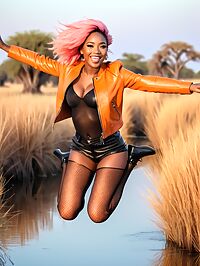 A ravishing 29 year old woman with pink hair delights under the twilight Okavango Delta sky