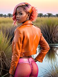 A ravishing 29 year old woman with pink hair delights under the twilight Okavango Delta sky